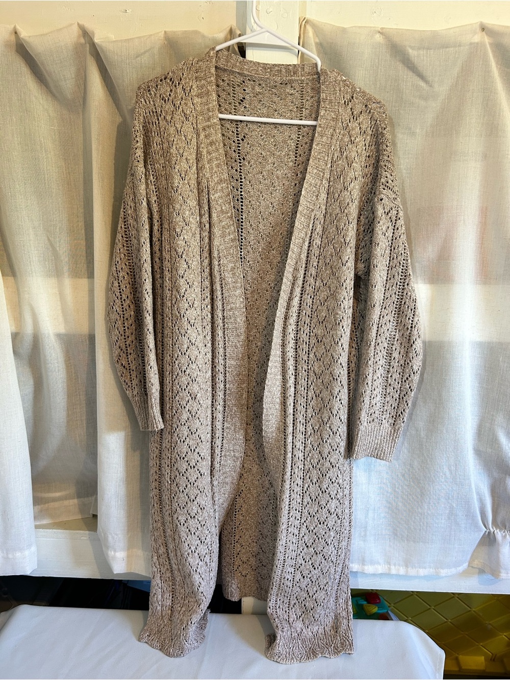 Open-Front Beige Knit Longline Cardigan Sweater